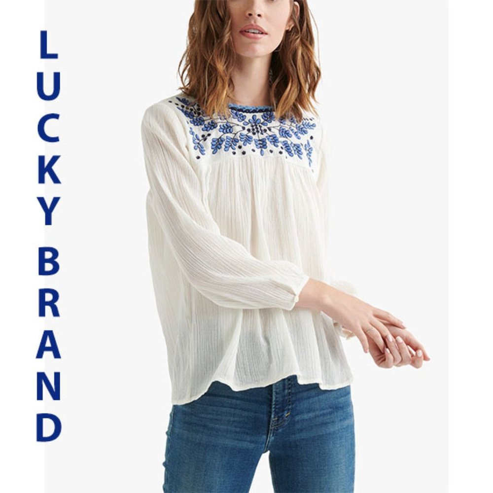 HP🎉 Lucky Brand Natural Embroidered Peasant Top M